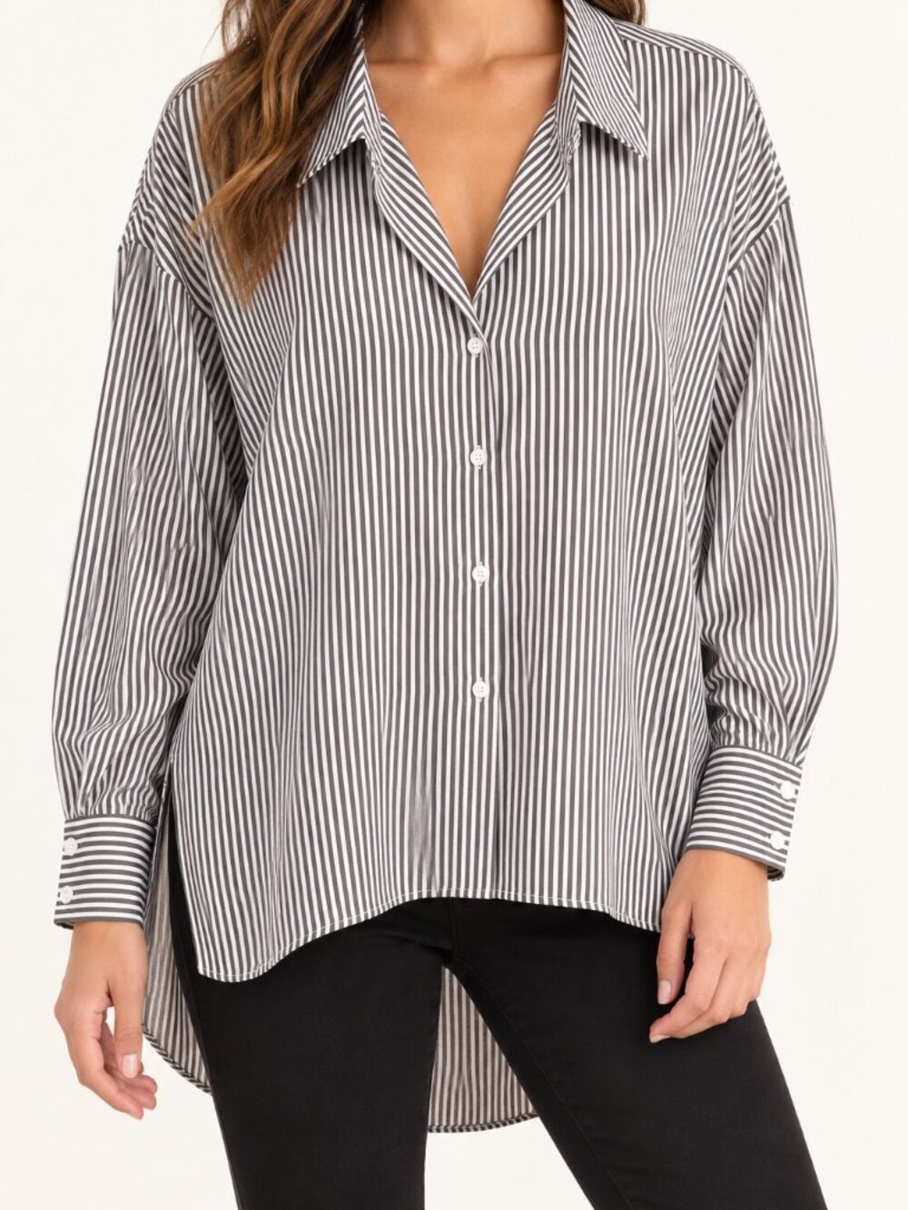EXLURA Black & White Pinstripe Oversized Button-Down Blouse XL